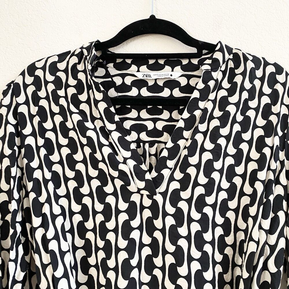 Zara The‎ Paula Dress Women's XS Black/Cream Retro Geometric Print Flowy Tunic - Picture 3 of 11